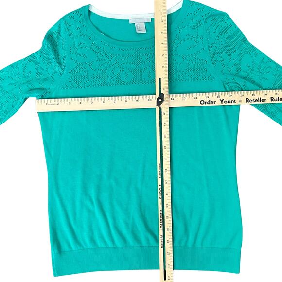H&M Teal Lace Detail Yoke 3/4 Sleeve Knit Top Light Sweater size M Cotton Blend - Picture 6 of 9
